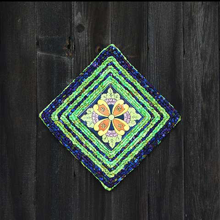 9”x9” - Design by Theresa PulidoMade with French Garden 4x4” tile, Color Crazy Limeade and Violet Indigo hand-dyed fabric strips.